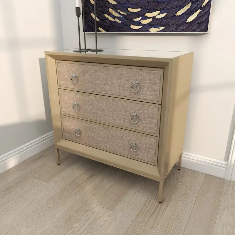 Wooden Upholstered Front Panel 3 Drawer Room Chest with Mirrored Top and Ring Handles - Beige - Roche River Decor