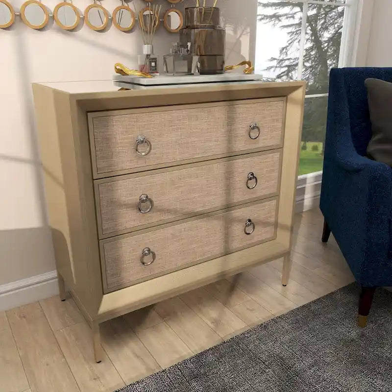 Wooden Upholstered Front Panel 3 Drawer Room Chest with Mirrored Top and Ring Handles - Beige - Roche River Decor