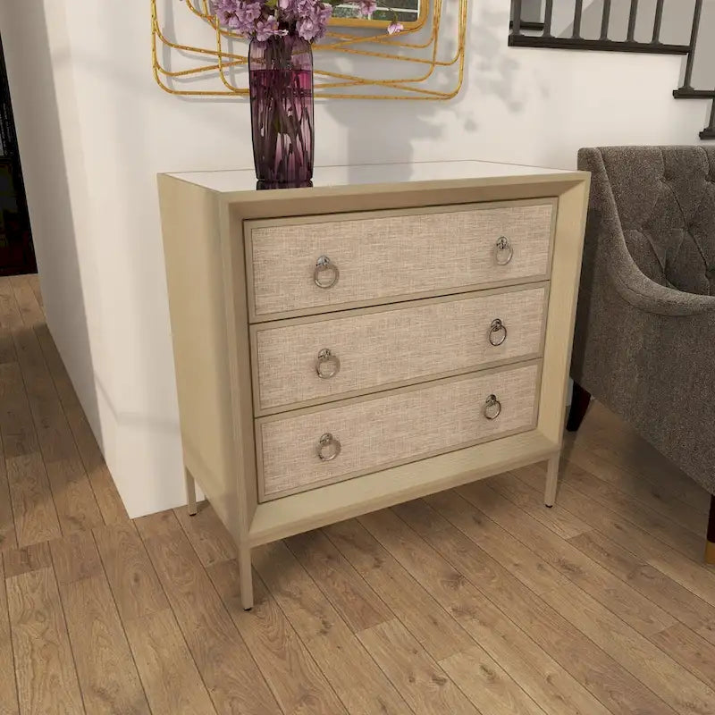 Wooden Upholstered Front Panel 3 Drawer Room Chest with Mirrored Top and Ring Handles - Beige - Roche River Decor