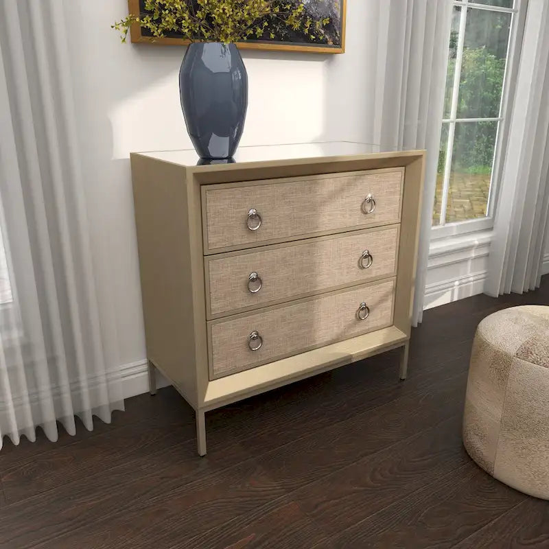 Wooden Upholstered Front Panel 3 Drawer Room Chest with Mirrored Top and Ring Handles - Beige - Roche River Decor