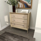 Wooden Upholstered Front Panel 3 Drawer Room Chest with Mirrored Top and Ring Handles - Beige - Roche River Decor