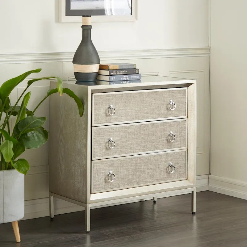 Wooden Upholstered Front Panel 3 Drawer Room Chest with Mirrored Top and Ring Handles - Beige - Roche River Decor