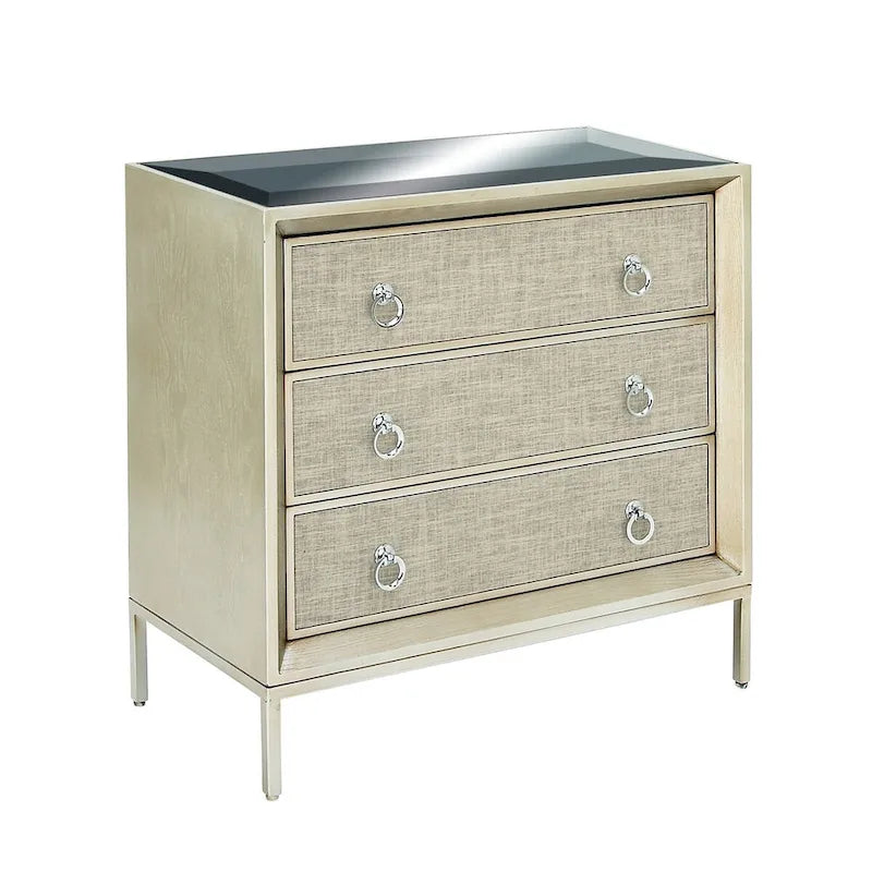 Wooden Upholstered Front Panel 3 Drawer Room Chest with Mirrored Top and Ring Handles - Beige - Roche River Decor