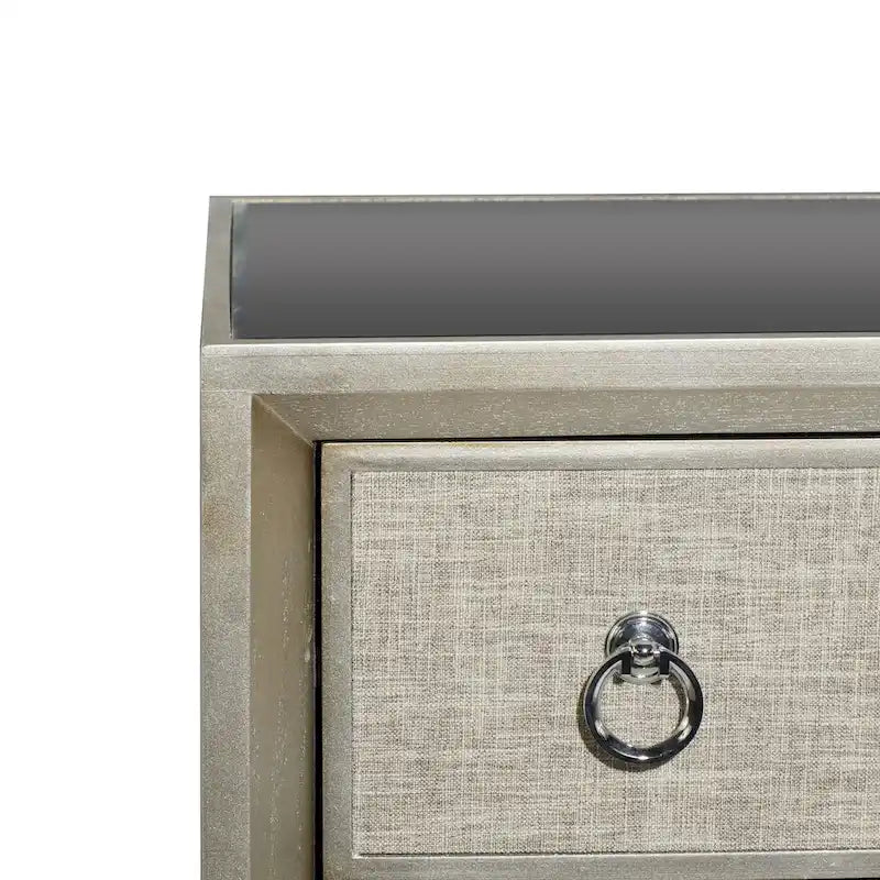 Wooden Upholstered Front Panel 3 Drawer Room Chest with Mirrored Top and Ring Handles - Beige - Roche River Decor