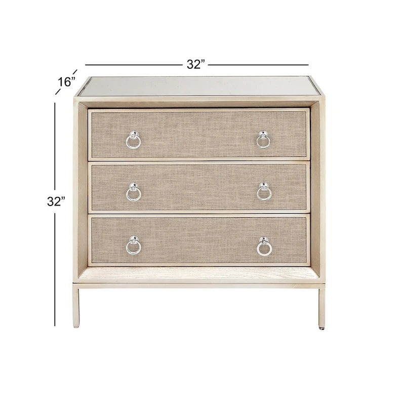 Wooden Upholstered Front Panel 3 Drawer Room Chest with Mirrored Top and Ring Handles - Beige - Roche River Decor