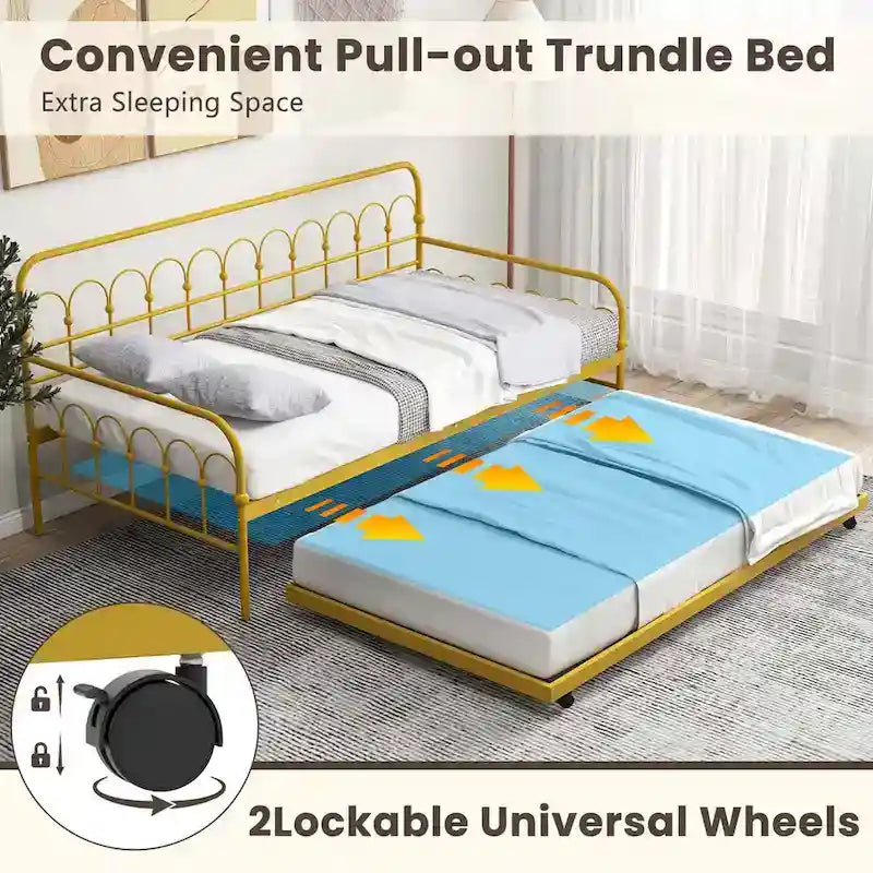 Twin Size Metal Daybed w/Trundle Sofa Bed Lockable Wheels