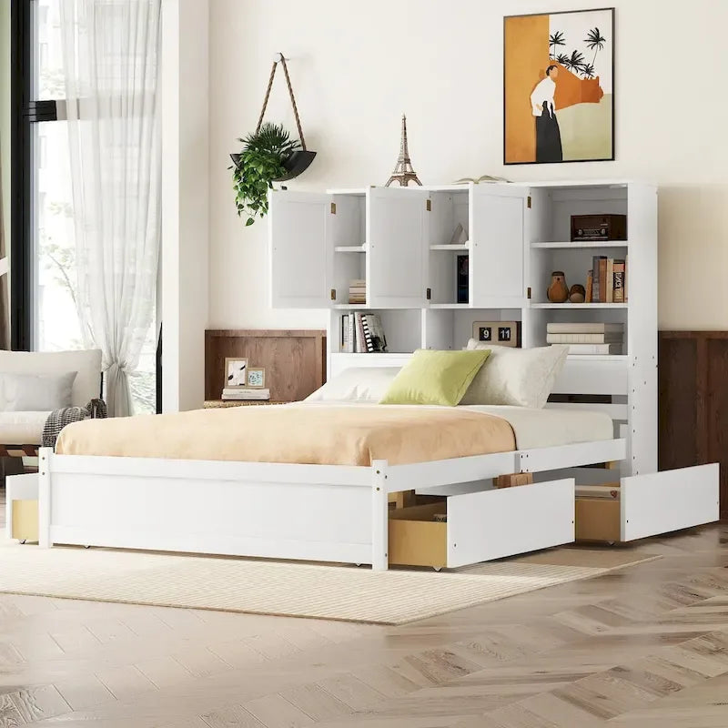 Queen Size Platform Bed with Storage Headboard and 4 Drawers