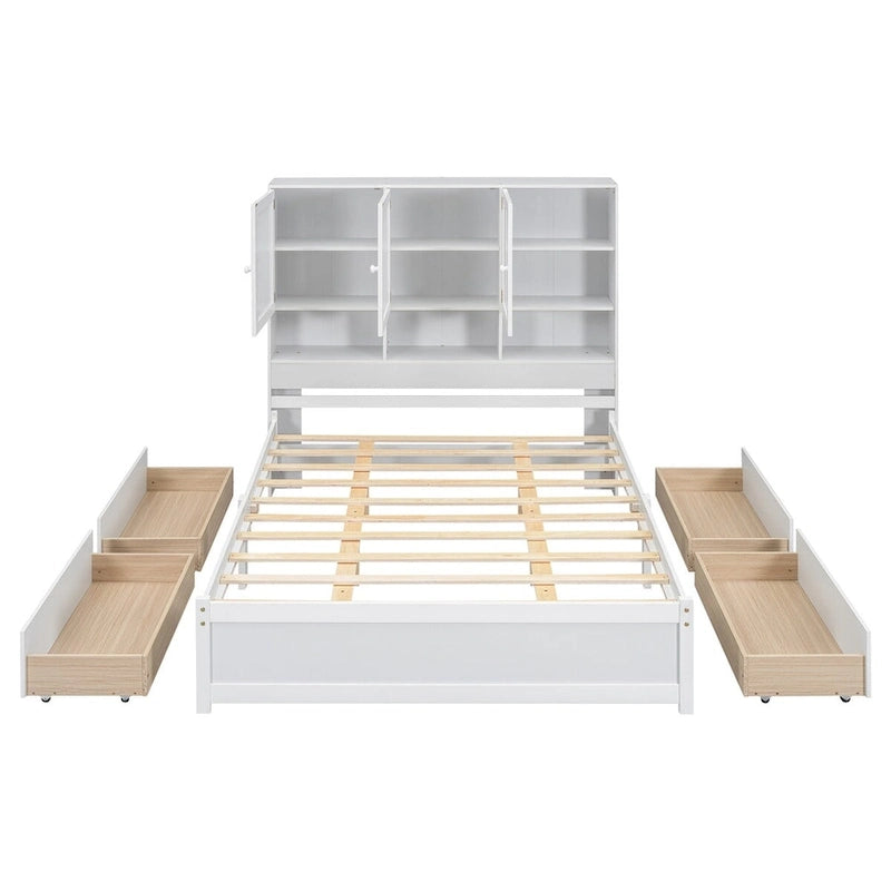 Queen Size Platform Bed with Storage Headboard and 4 Drawers