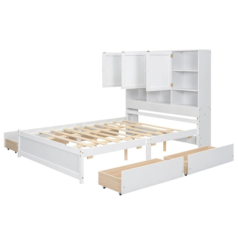 Queen Size Platform Bed with Storage Headboard and 4 Drawers