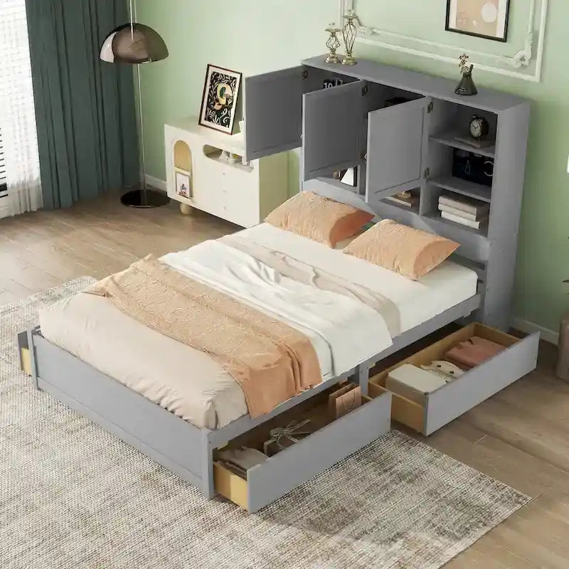 Queen Size Platform Bed with Storage Headboard and 4 Drawers