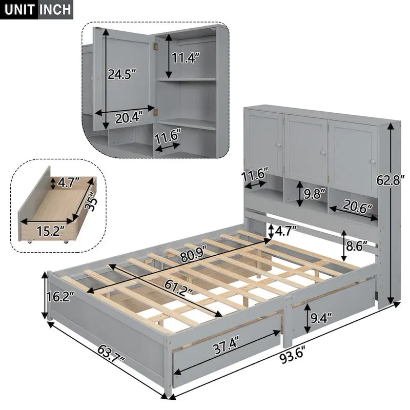 Queen Size Platform Bed with Storage Headboard and 4 Drawers