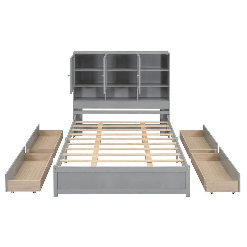 Queen Size Platform Bed with Storage Headboard and 4 Drawers