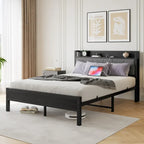 Queen Size Platform Bed Frame with Storage Headboard Charging Station and USB Ports Easy Assembly