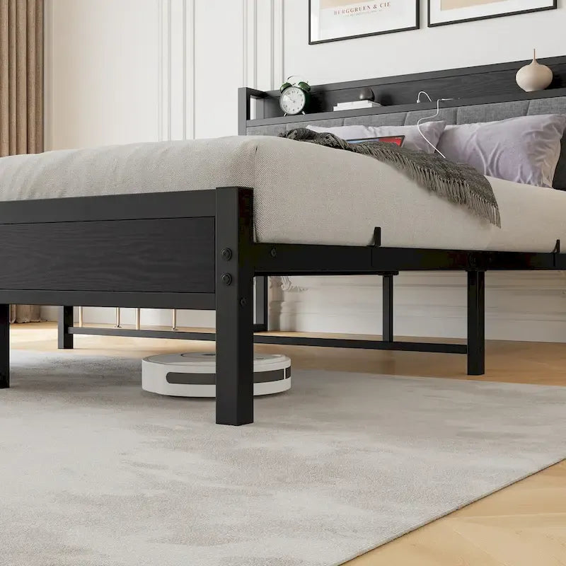 Queen Size Platform Bed Frame with Storage Headboard Charging Station and USB Ports Easy Assembly