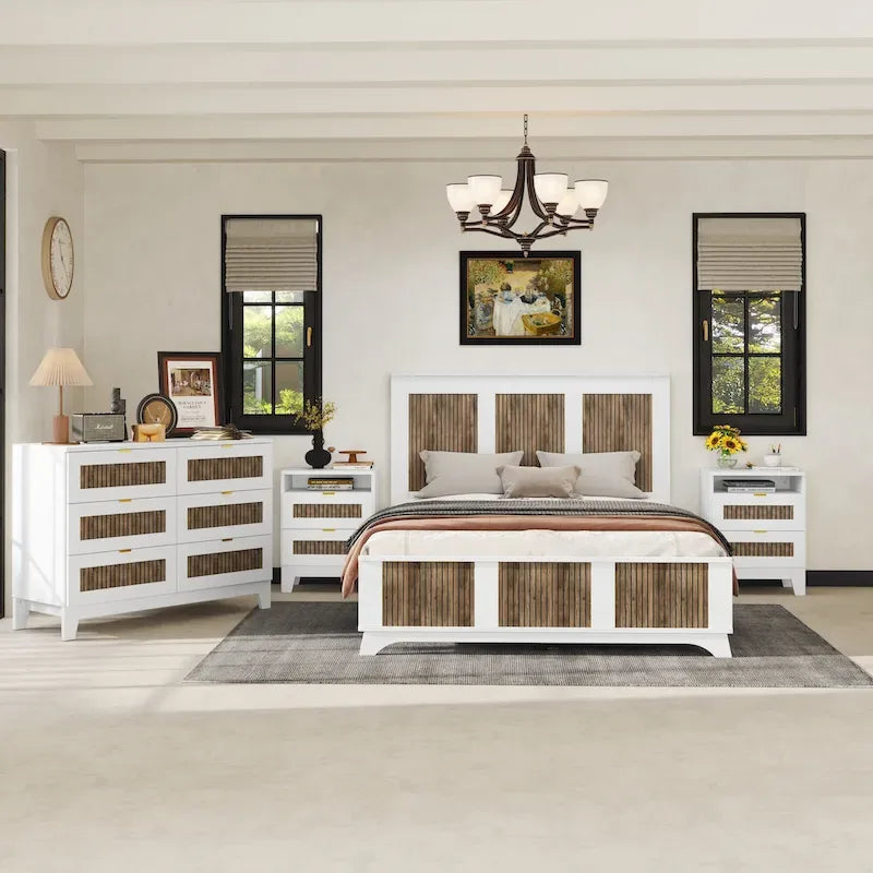 4-Pieces Bedroom Sets, Queen Size Farmhouse Platform Bed with Wooden Strip Decoration, Storage Nightstand and Dresser