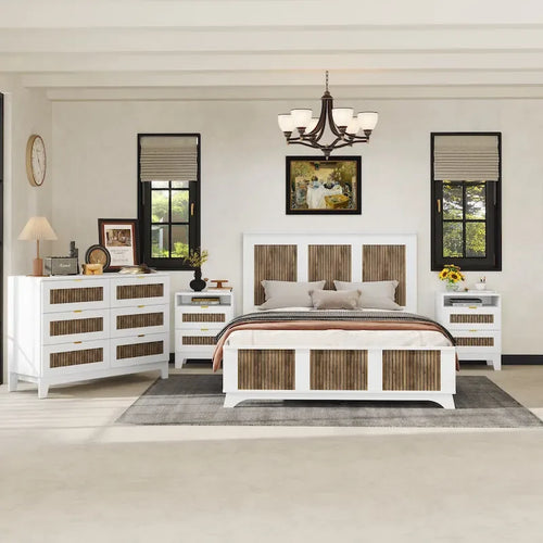 4-Pieces Bedroom Sets, Queen Size Farmhouse Platform Bed with Wooden Strip Decoration, Storage Nightstand and Dresser