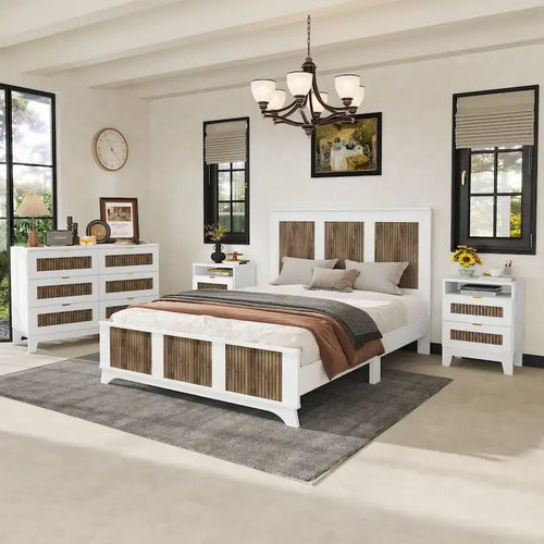 4-Pieces Bedroom Sets, Queen Size Farmhouse Platform Bed with Wooden Strip Decoration, Storage Nightstand and Dresser
