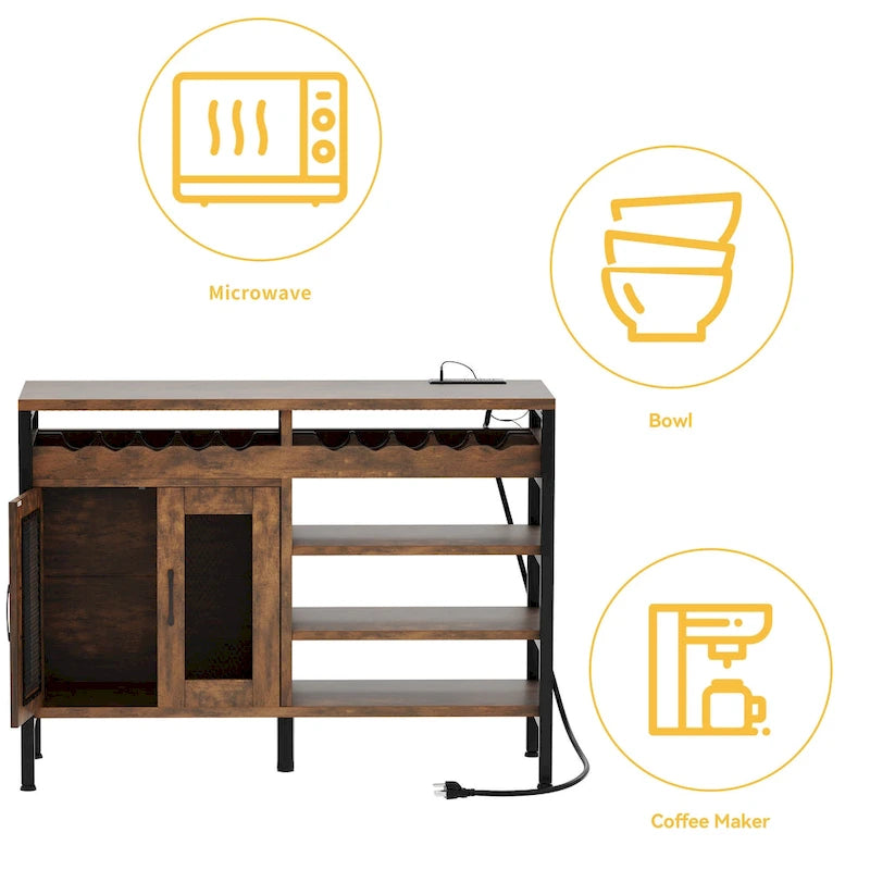 Moasis 47 Wine Bar Cabinet with Power Outlets and LED Lights Industrial Coffee Bar Cabinets - 47.2L x 15.7W x 33.4H