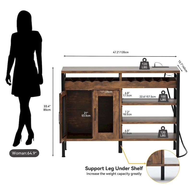 Moasis 47 Wine Bar Cabinet with Power Outlets and LED Lights Industrial Coffee Bar Cabinets - 47.2L x 15.7W x 33.4H