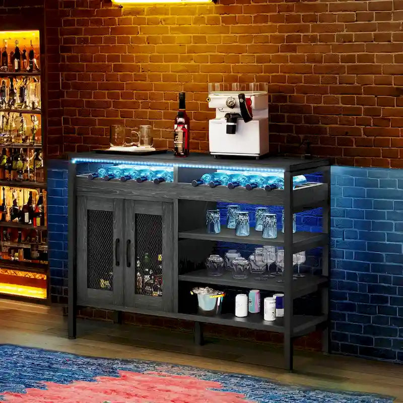 Moasis 47 Wine Bar Cabinet with Power Outlets and LED Lights Industrial Coffee Bar Cabinets - 47.2L x 15.7W x 33.4H