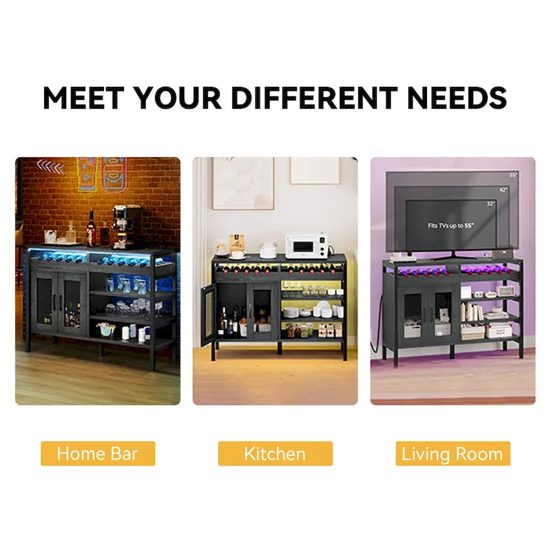 Moasis 47 Wine Bar Cabinet with Power Outlets and LED Lights Industrial Coffee Bar Cabinets - 47.2L x 15.7W x 33.4H