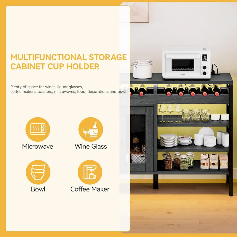 Moasis 47 Wine Bar Cabinet with Power Outlets and LED Lights Industrial Coffee Bar Cabinets - 47.2L x 15.7W x 33.4H