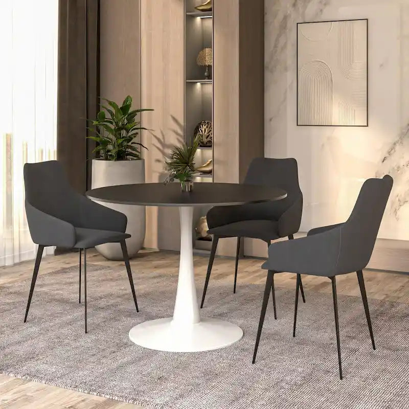LeisureMod Bristol 40 Round Dining Table for 4 with MDF Wood Tabletop in White Steel Base for Kitchen & Dining Room