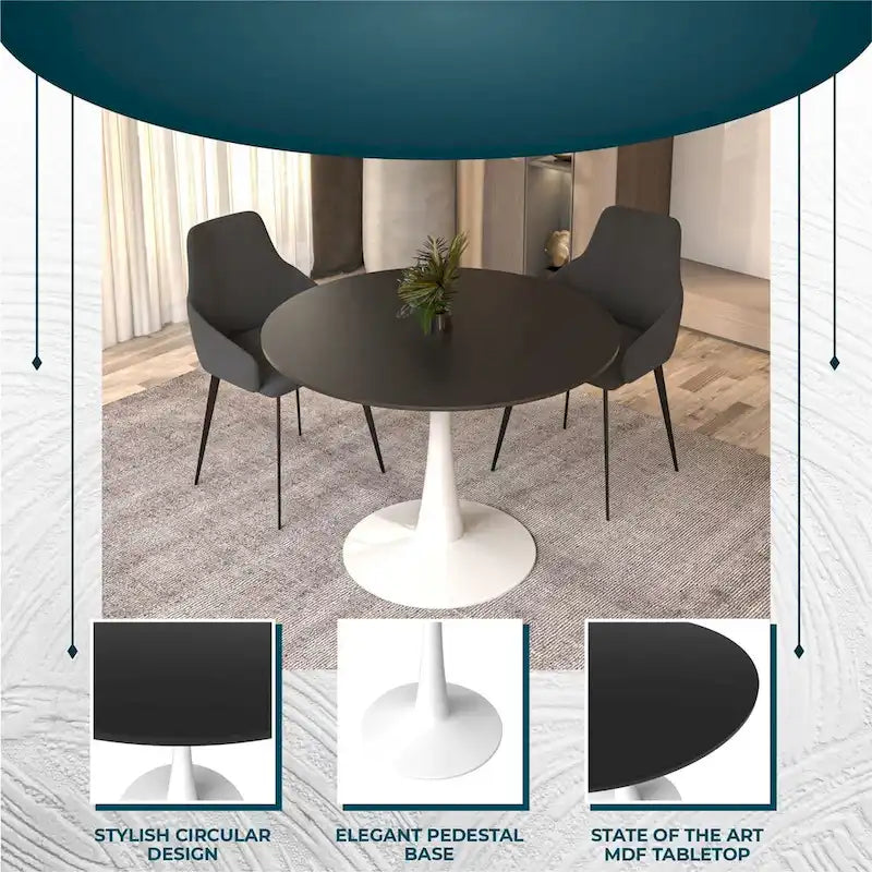 LeisureMod Bristol 40 Round Dining Table for 4 with MDF Wood Tabletop in White Steel Base for Kitchen & Dining Room
