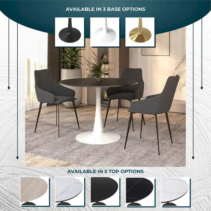 LeisureMod Bristol 40 Round Dining Table for 4 with MDF Wood Tabletop in White Steel Base for Kitchen & Dining Room