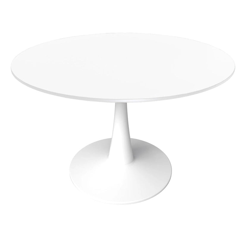 LeisureMod Bristol 40 Round Dining Table for 4 with MDF Wood Tabletop in White Steel Base for Kitchen & Dining Room