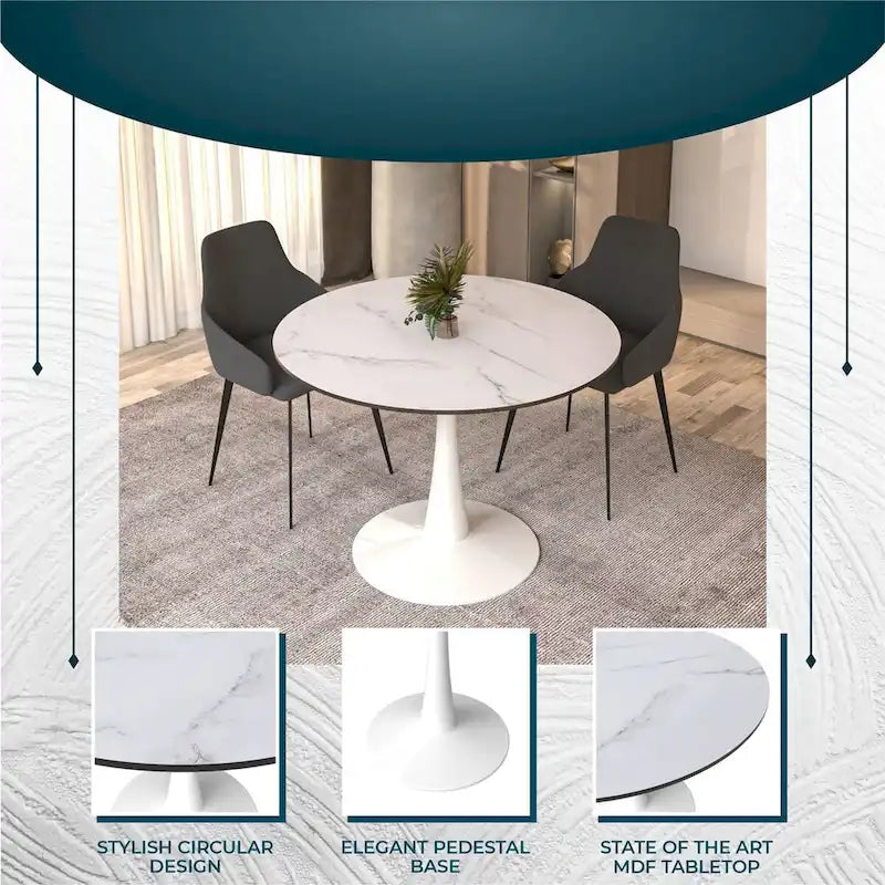 LeisureMod Bristol 40 Round Dining Table for 4 with MDF Wood Tabletop in White Steel Base for Kitchen & Dining Room