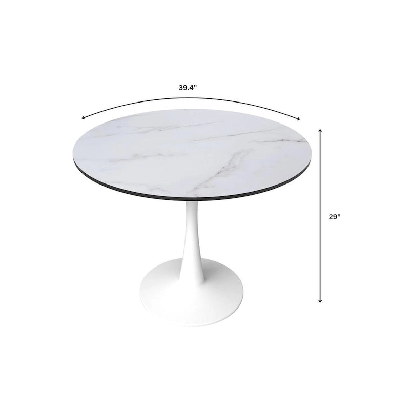LeisureMod Bristol 40 Round Dining Table for 4 with MDF Wood Tabletop in White Steel Base for Kitchen & Dining Room