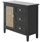 Wood Handmade 3 Drawers and 1 Door Room Cabinet with Rattan Front - Black - Roche River Decor