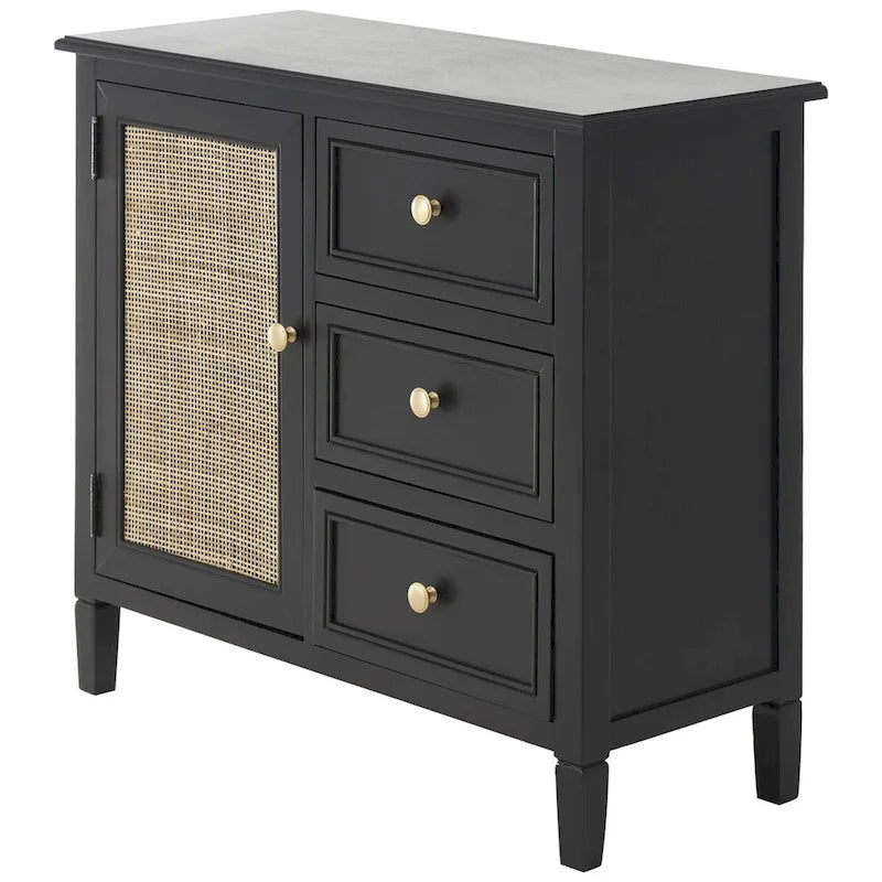 Wood Handmade 3 Drawers and 1 Door Room Cabinet with Rattan Front - Black - Roche River Decor