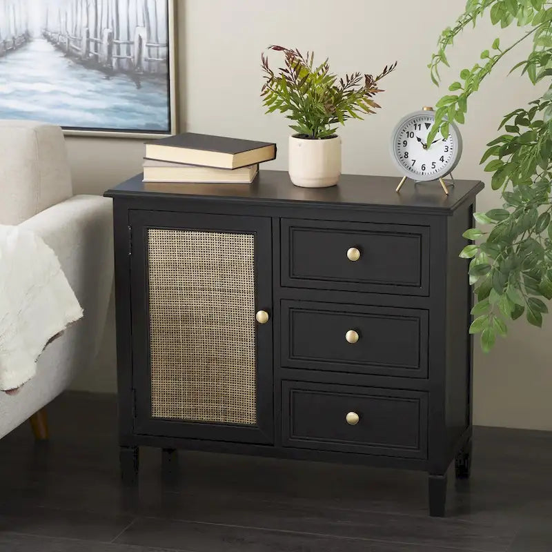 Wood Handmade 3 Drawers and 1 Door Room Cabinet with Rattan Front - Black - Roche River Decor