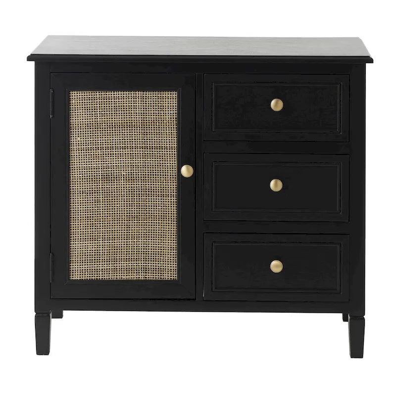 Wood Handmade 3 Drawers and 1 Door Room Cabinet with Rattan Front - Black - Roche River Decor