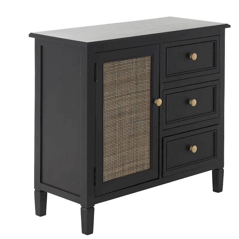 Wood Handmade 3 Drawers and 1 Door Room Cabinet with Rattan Front - Black - Roche River Decor