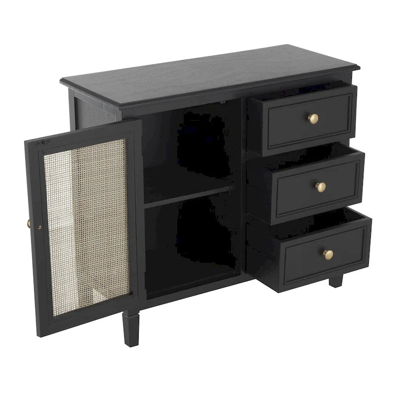 Wood Handmade 3 Drawers and 1 Door Room Cabinet with Rattan Front - Black - Roche River Decor